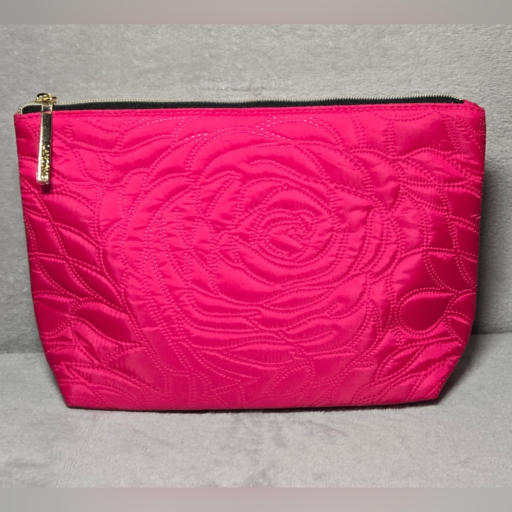 Lancome Paris Quilted Rose Cosmetic Makeup Bag Case Hot Pink Gold Zip, New